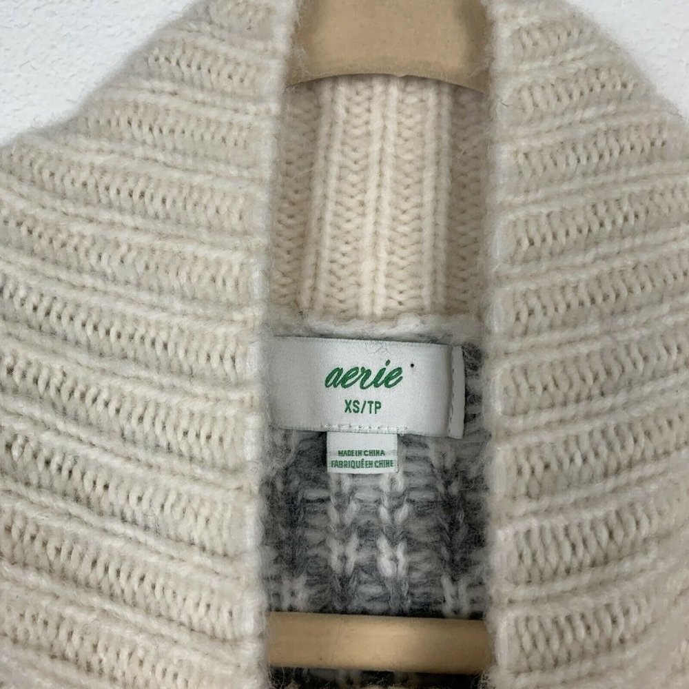 Aerie XS Oversized Gray Ivory cream Fair Isle Chunky Knit Sweater Top - Picture 3 of 7